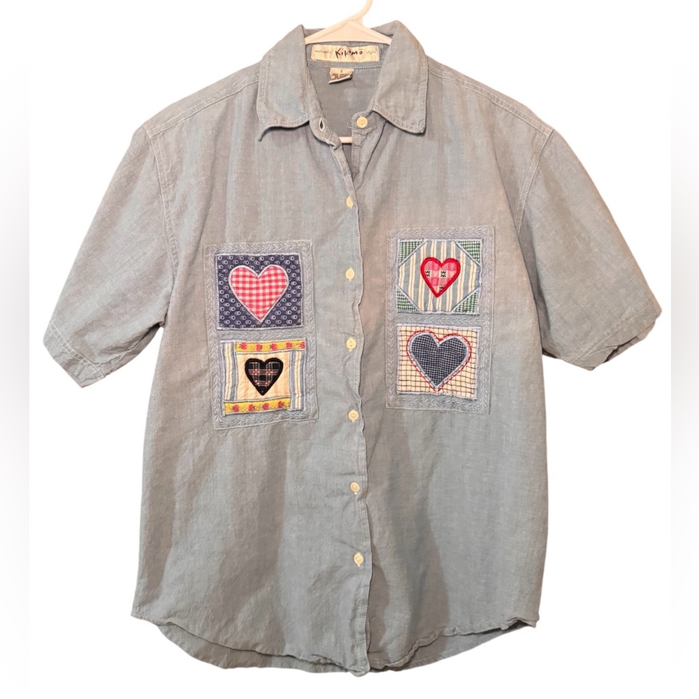 Vintage Kikomo Heart Patchwork Shirt Small S Blue Cotton Chambray Cottagecore 90